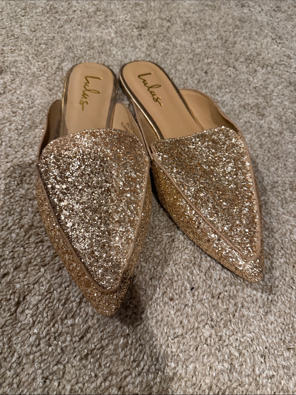 Lulu's Joelle Glitter Pointed-Toe Slip-On Mules in Gold